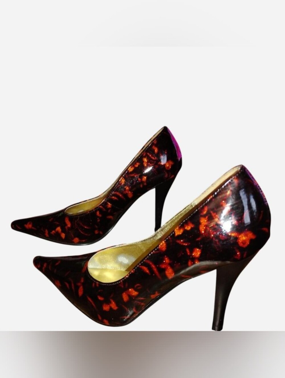 Fioni Glittery Orange & Black Floral Patent Pointed Toe Pumps Heels Size 6.5W